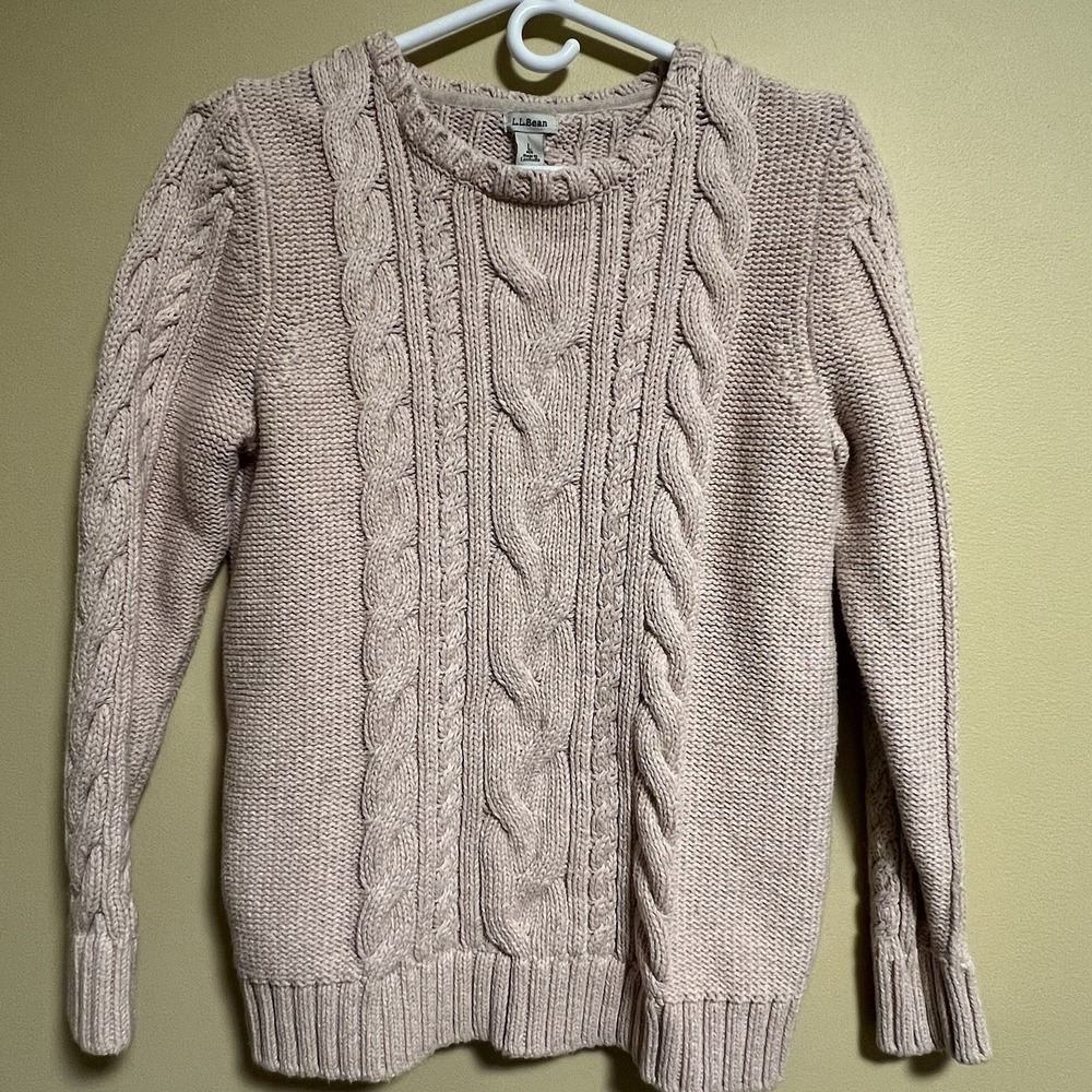 LL Bean Women's Cable Knit Heavy Chunky Sweater Pink Large Cotton Old Money